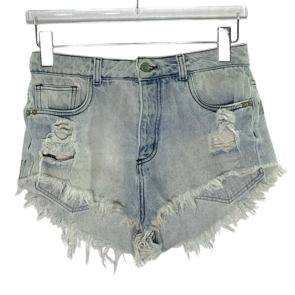 Farm Rio S Denim Micro Shorts Distressed Frayed Light Wash Travel Festival